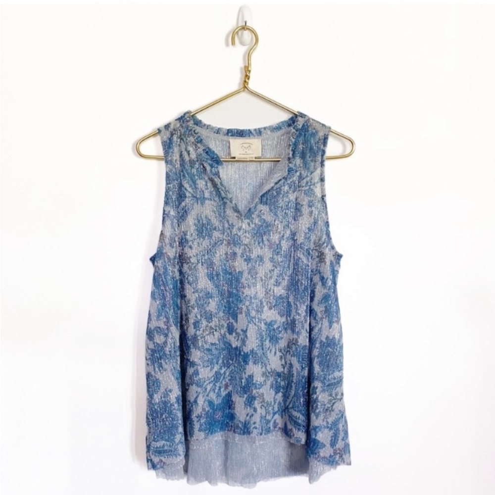 Anthropologie Vanessa Virginia Blue Metallic Floral Pleated Sleeveless Blouse
